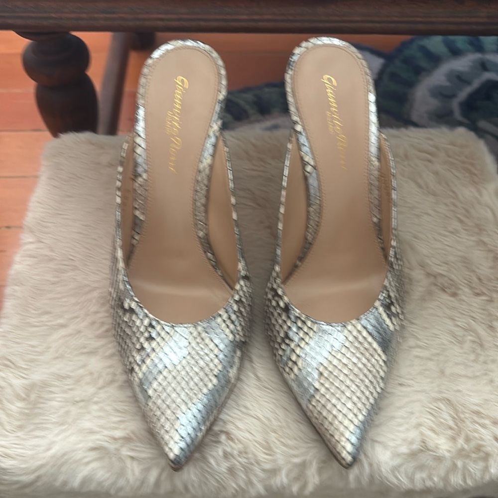 Python-Print Pointed Toe High Heel Mule - Silver/Brown - Picture 3 of 15